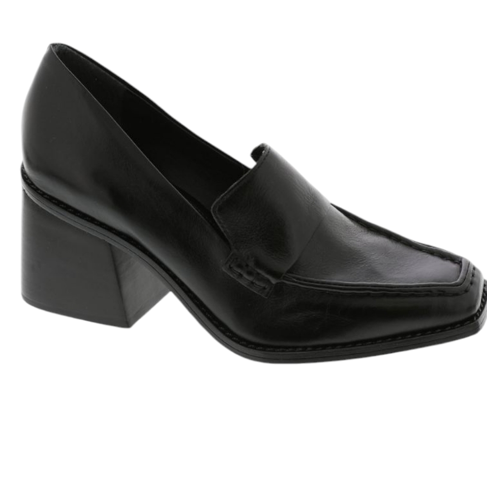 Vince Camuto Black Slip-On Heeled Loafers Square Toe  Polished Finish Sz 8 - Picture 11 of 14